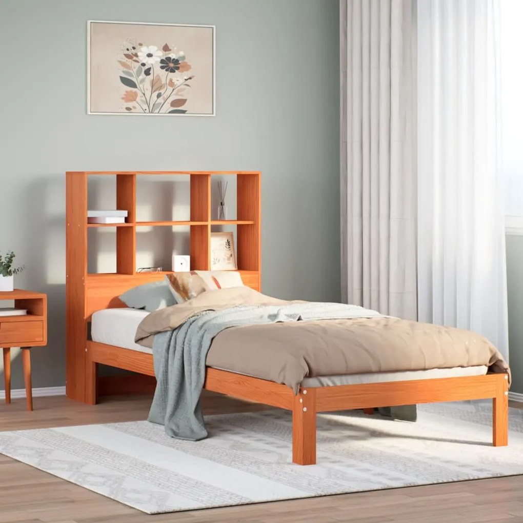 vidaXL Pat bibliotecă fără saltea maro ceruit 90x190 cm lemn masiv pin