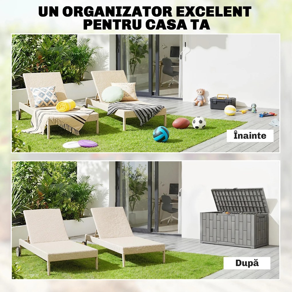 Outsunny Ladă de Depozitare pentru Grădină 227L din Rășină Rezistentă la Apă și UV cu Închidere, 106,5x43x54,5 cm, Gri | Aosom Romania