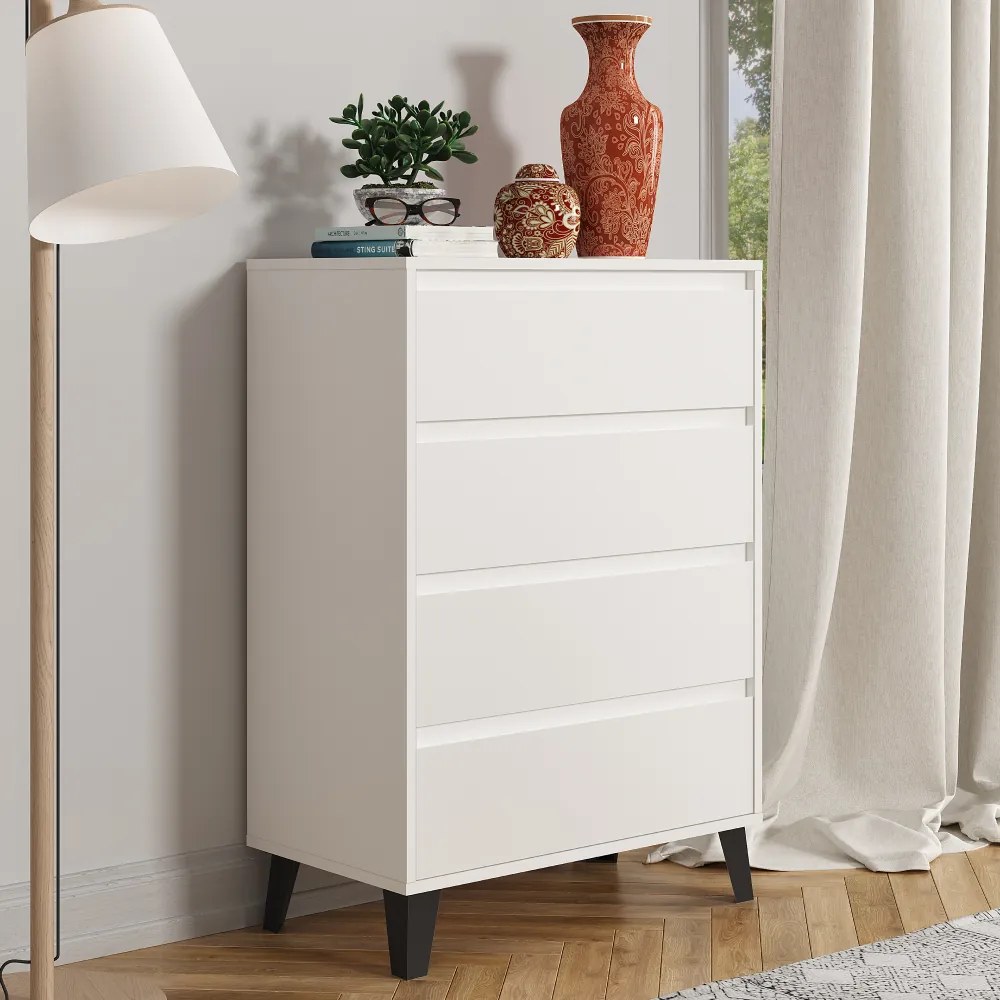 Comoda 4 sertare , 70 cm lungime x38,8 cm adancime x 99,4 cm, pal alb picioare negre ,canturi abs, fara manere alb, 70 cm, 100 cm, 39 cm