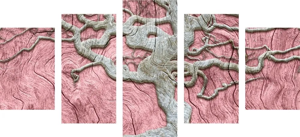 Tablou 5-piese copacul abstract pe lemn cu contrast roz
