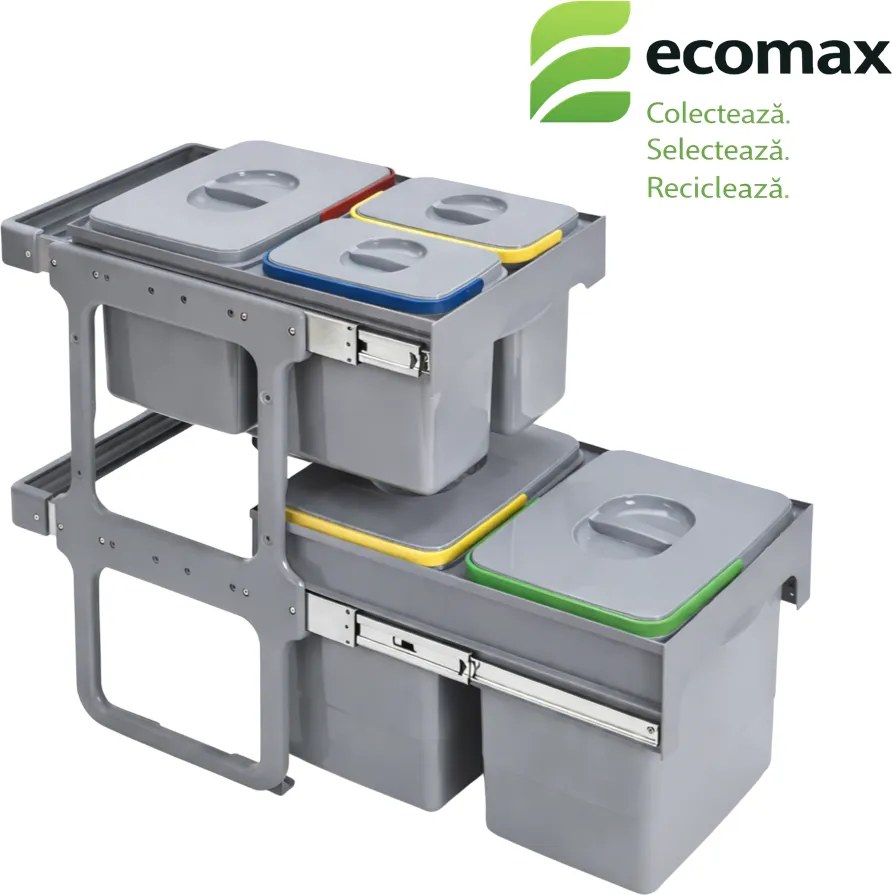 Cos gunoi incorporabil Tandem Short 40 Ecomax, colectare selectiva, gri, 2 x 15 l + 1 x 12 l + 2 x 5 l Polipropilena cu fibra de sticla, Gri, L:355