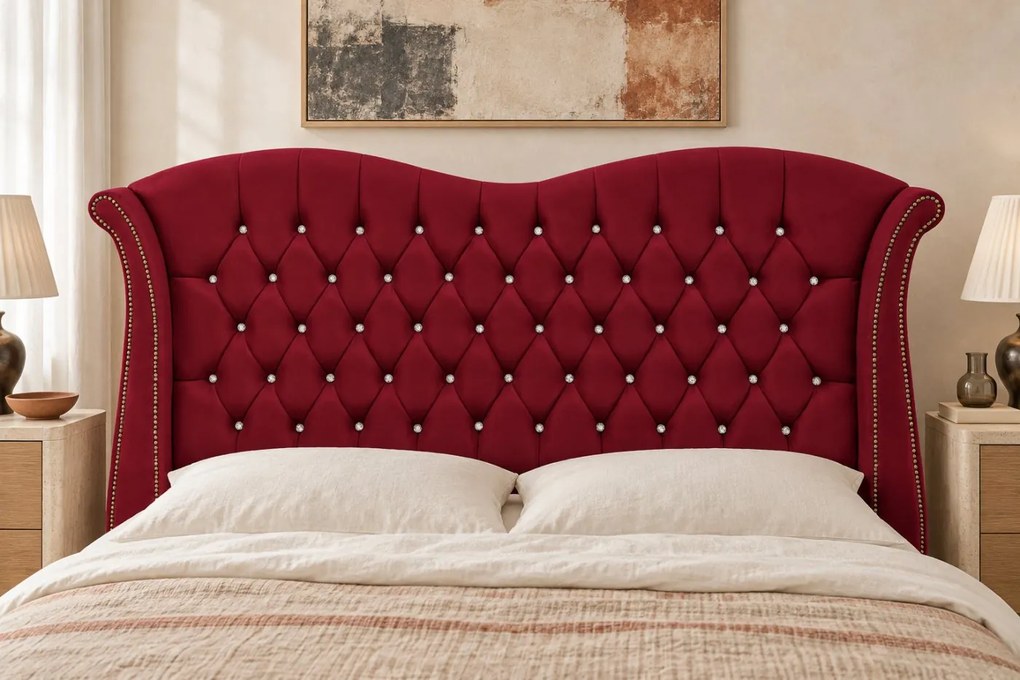 Pat tapițat Chesterfield Avella 160×200 cm, vișiniu, cu ladă de depozitare