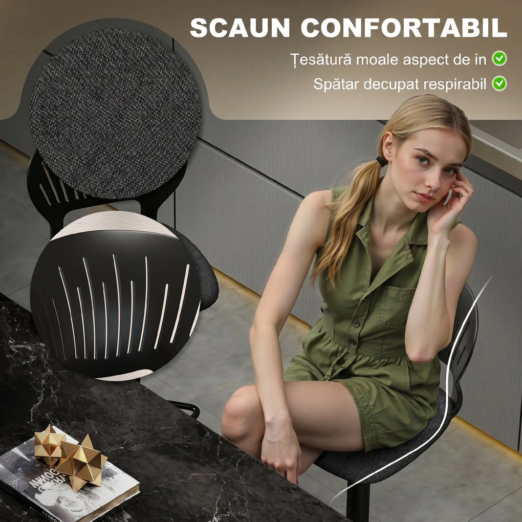 Set HOMCOM de 2 Scaune de Bar Reglabile, Scaune de Bucătărie Înalte din Țesătură Tip In cu Spătar, Suport pentru Picioare și Scaun Moale, Structură din Metal, Scaune de Bar Rotative la 360°, Negru | Aosom Romania