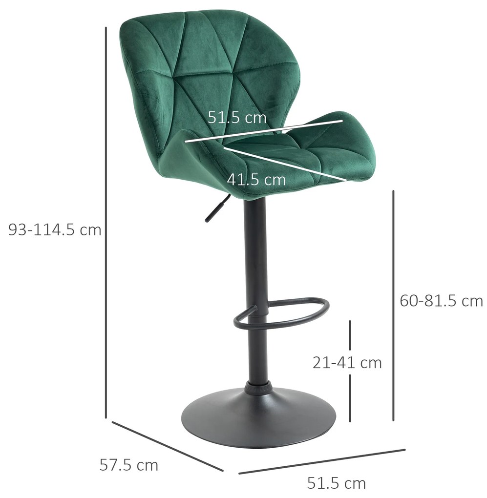 HOMCOM Set 2 Scaune de Bar cu Înălțime Reglabilă, Bază Metalică și Șezut din Catifea, 46x48x83-104 cm, Verde | Aosom Romania