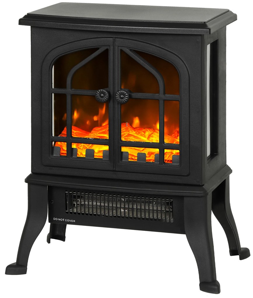 HOMCOM Șemineu Electric de Podea  900/1800W Efect Flăcări 3D Termostat Reglabil Ferestre Vizibile pentru 15-30 ㎡ Negru | Aosom Romania