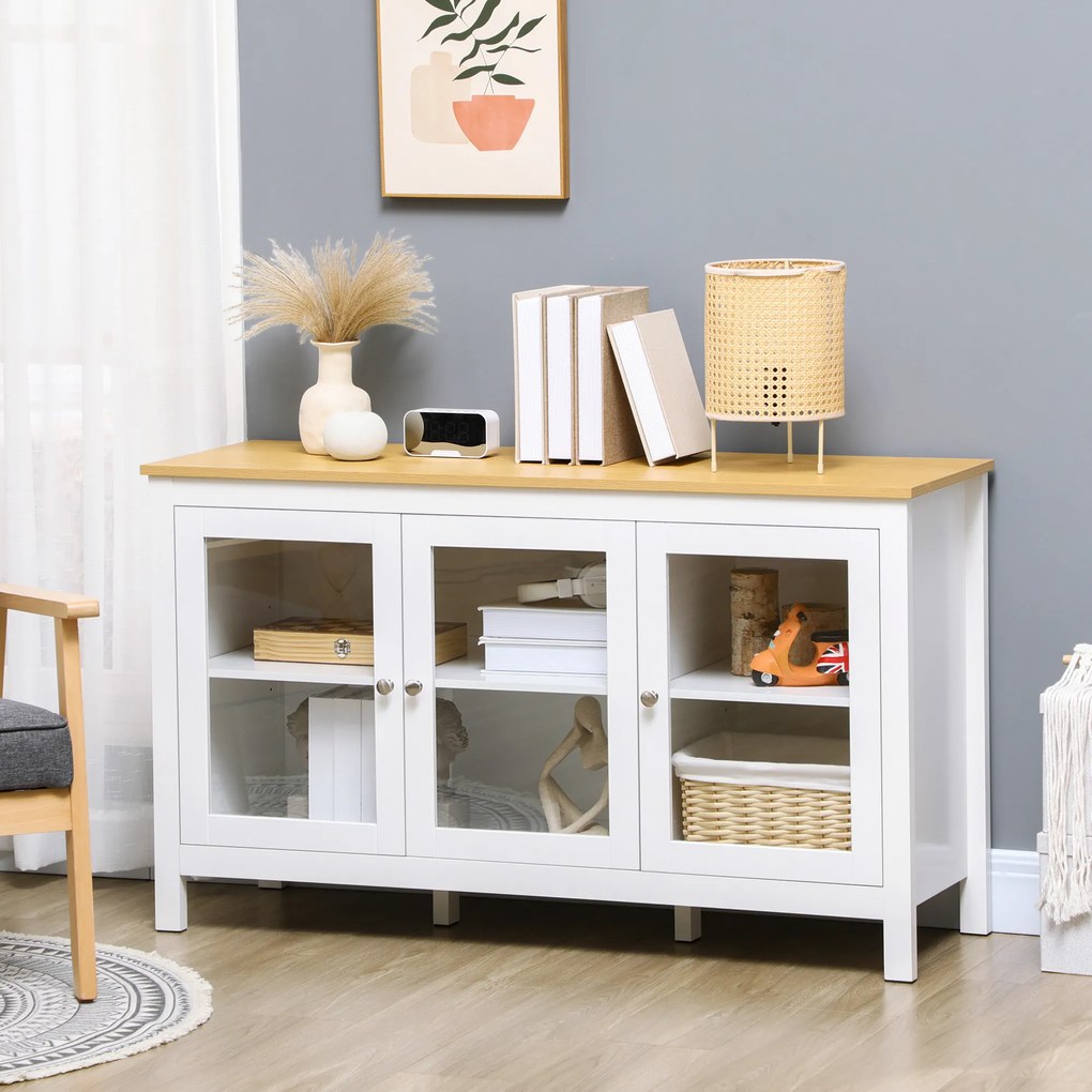 HOMCOM Bufet mobilier de depozitare cu 3 uși din sticlă 2 rafturi reglabile aspect de lemn deschis 120 x 40 x 70 cm alb | Aosom Romania