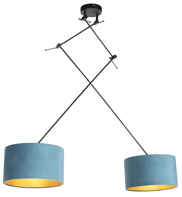 Lampa suspendată neagră cu abajururi de catifea albastru și auriu 35 cm cu 2 lumini - Blitz