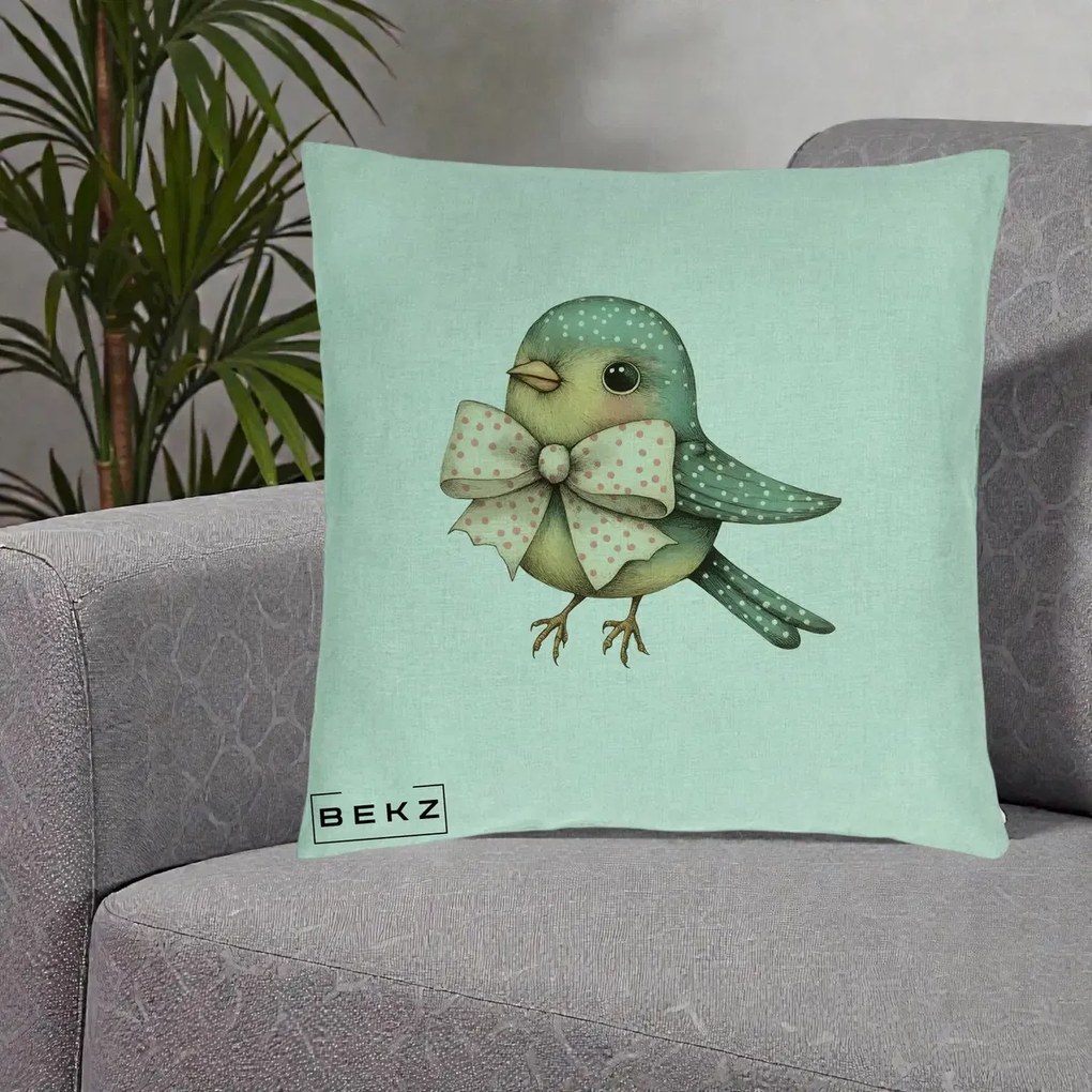 Perna Decorativa Pasare Teal cu Fundita cu Buline, 40x40 cm, Verde Menta, Husa Detasabila, Perna Inclusa, BEKZ®