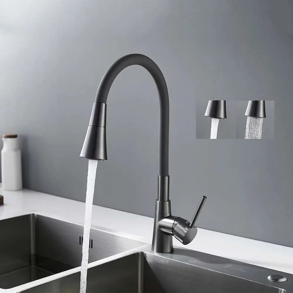 Baterie bucatarie cu pipa flexibila Inter Ceramic finisaj Gun Grey cu 2 functii