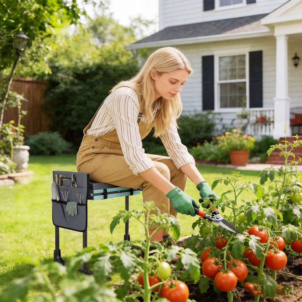 Outsunny Taburet de grădină pliabil cu perniță din spumă EVA Asiento de Jardín con Bolsa para Herramientas Gris Oscuro | Aosom Romania