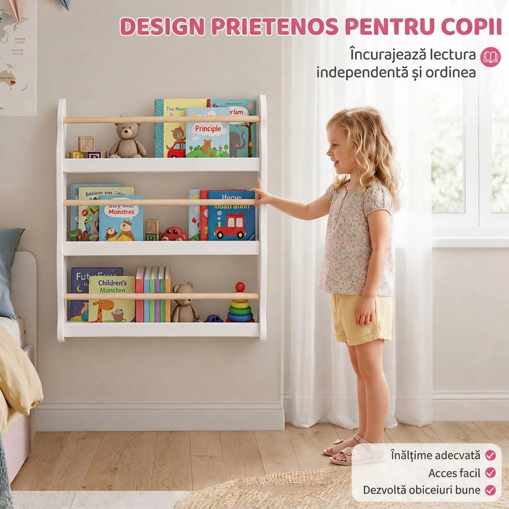 AIYAPLAY Bibliotecă Montessori pentru Copii 3-8 Ani, 3 Rafturi, 60x15x73 cm, pentru Cameră, Alb | Aosom Romania