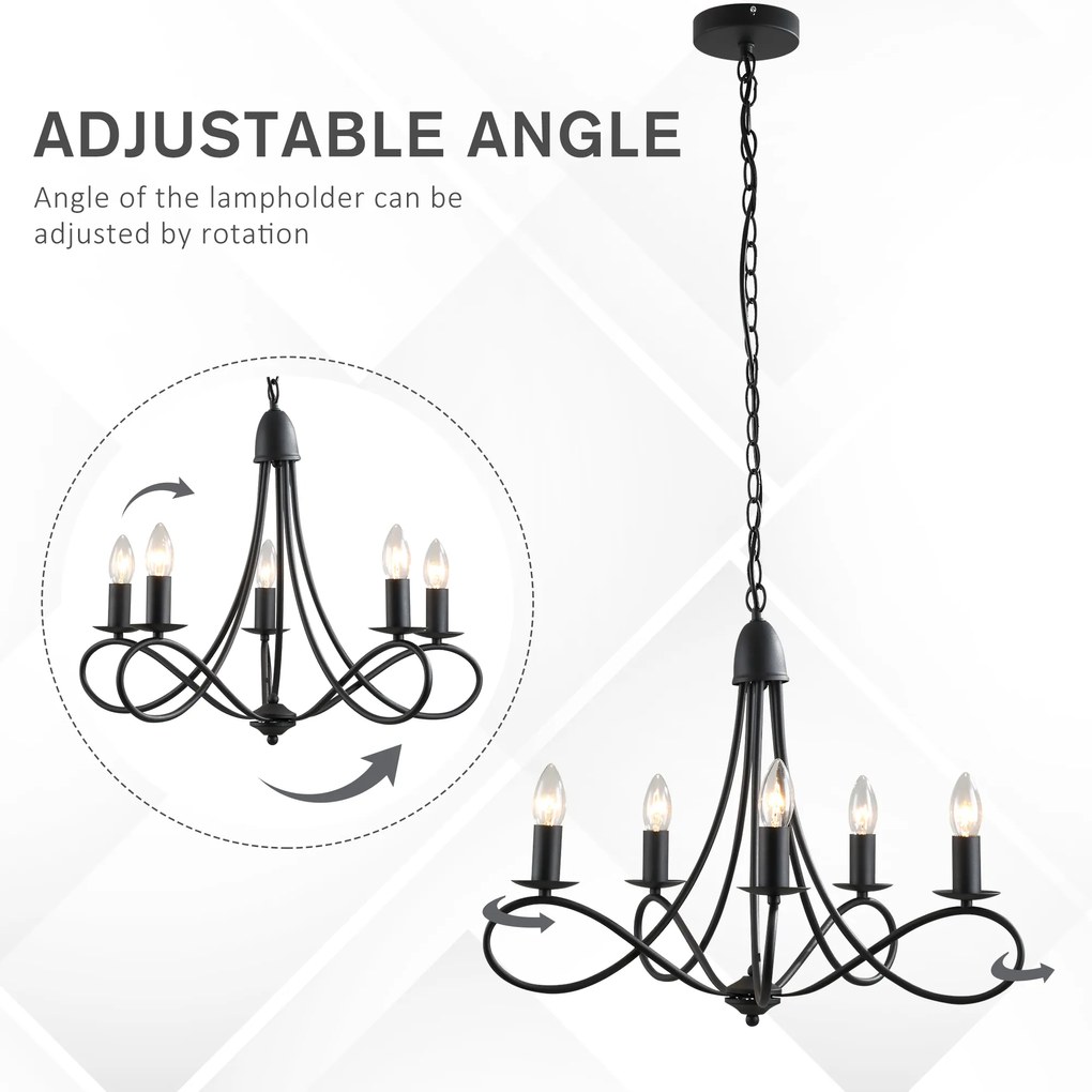 HOMCOM Candelabru Suspendat și Împletit pentru Tavan, Lustră din Oțel cu 5 Sfeșnice, Plafonieră Suspendată, 158x45 cm, Negru