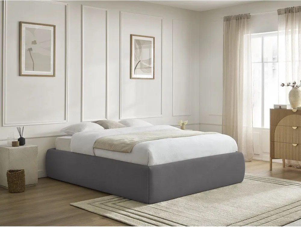Pat matrimonial gri închis tapițat cu spațiu de depozitare/fără tăblie cu somieră 160x200 cm Inera – Bobochic Paris