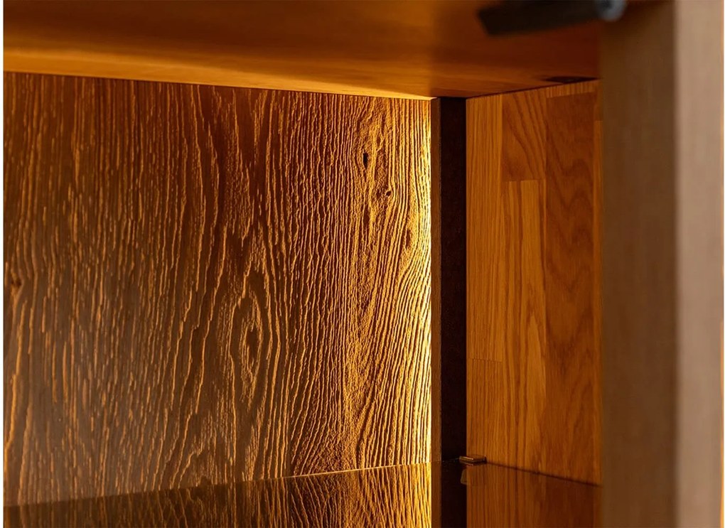Comodă TV lemn masiv Aurora cu Vitrină Iluminată Stejar, 185 × 37 × 60 cm