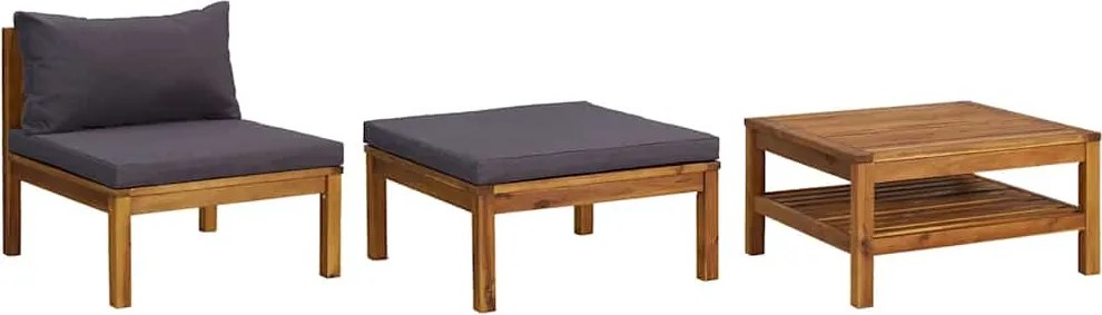 vidaXL Set mobilier grădină perne gri închis, 3 piese, lemn acacia