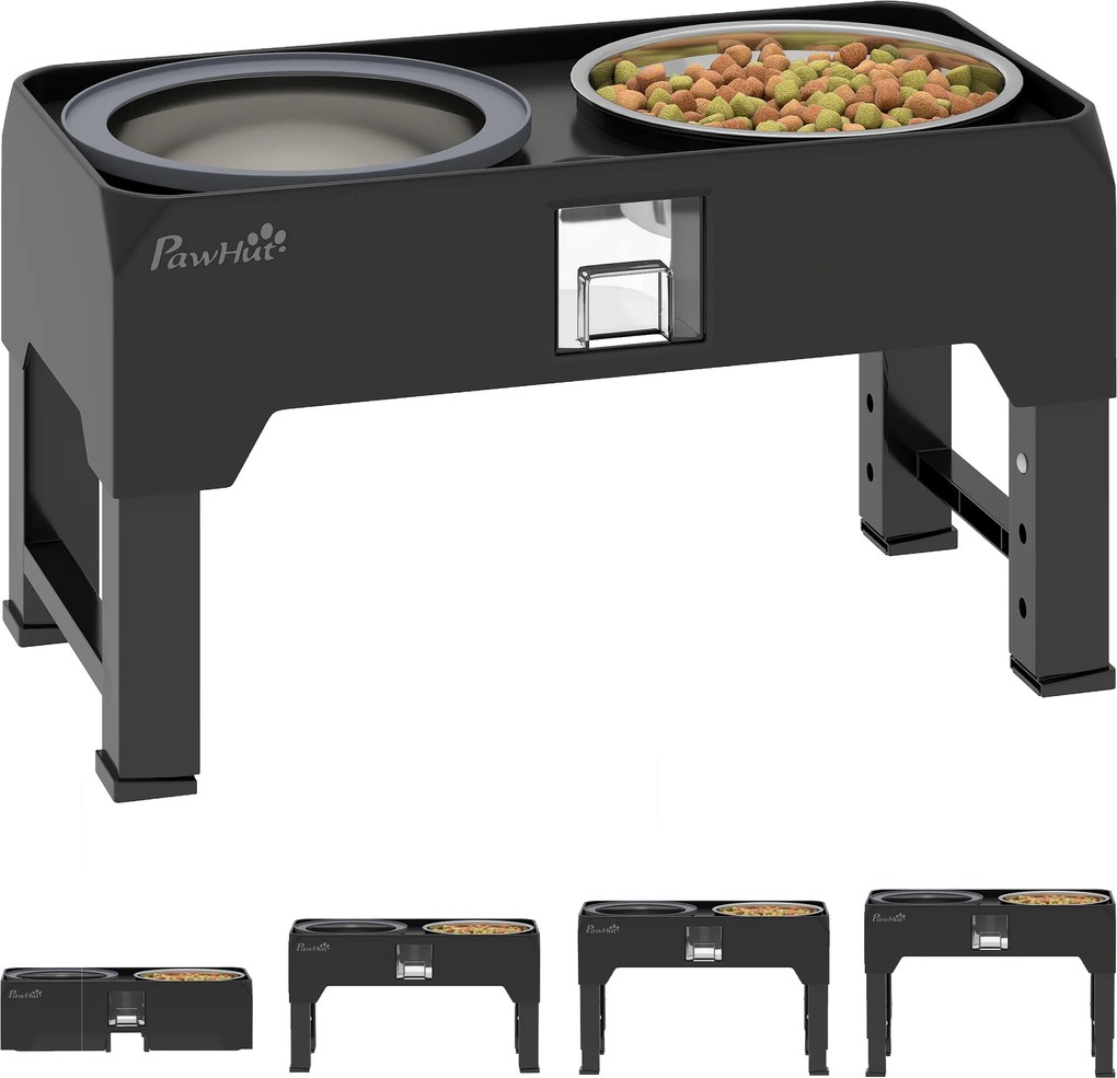 PawHut Bol înălțat pentru câini, înălțime reglabilă, bol cu apă, 2 boluri din oțel inoxidabil pentru câini mici și mari, Negru | Aosom Romania