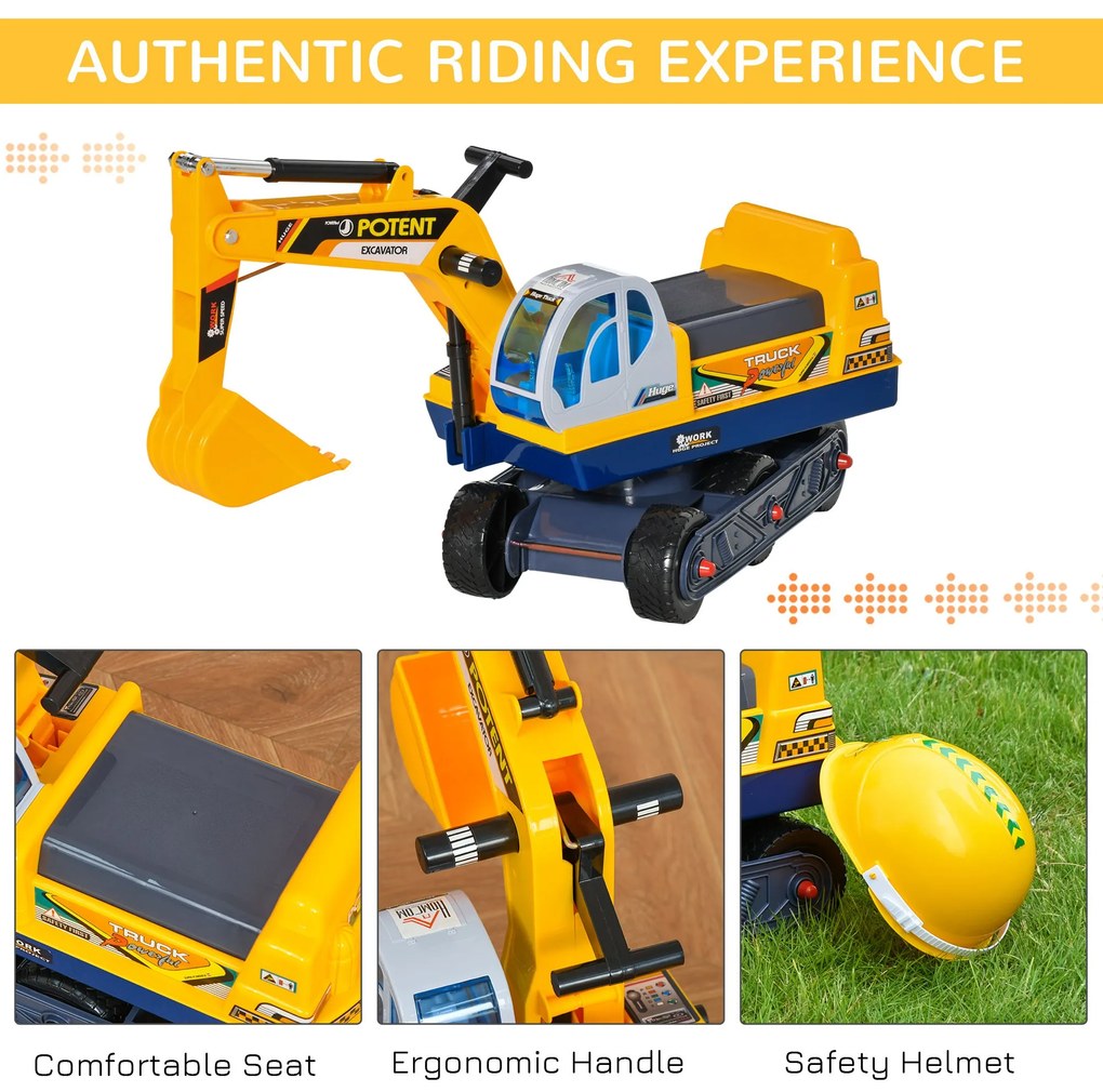 HOMCOM Buldozer Jucarie cu Excavator Manual Scaun Rotativ si Casca, Jucarie prevazuta cu Loc, Copii 2-3 ani, 77x26x55cm, Galben