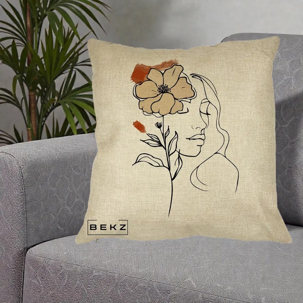Perna Decorativa Portret Feminin Floare Bej Terracotta, 40x40 cm, Crem, Husa Detasabila, Perna Inclusa, BEKZ®