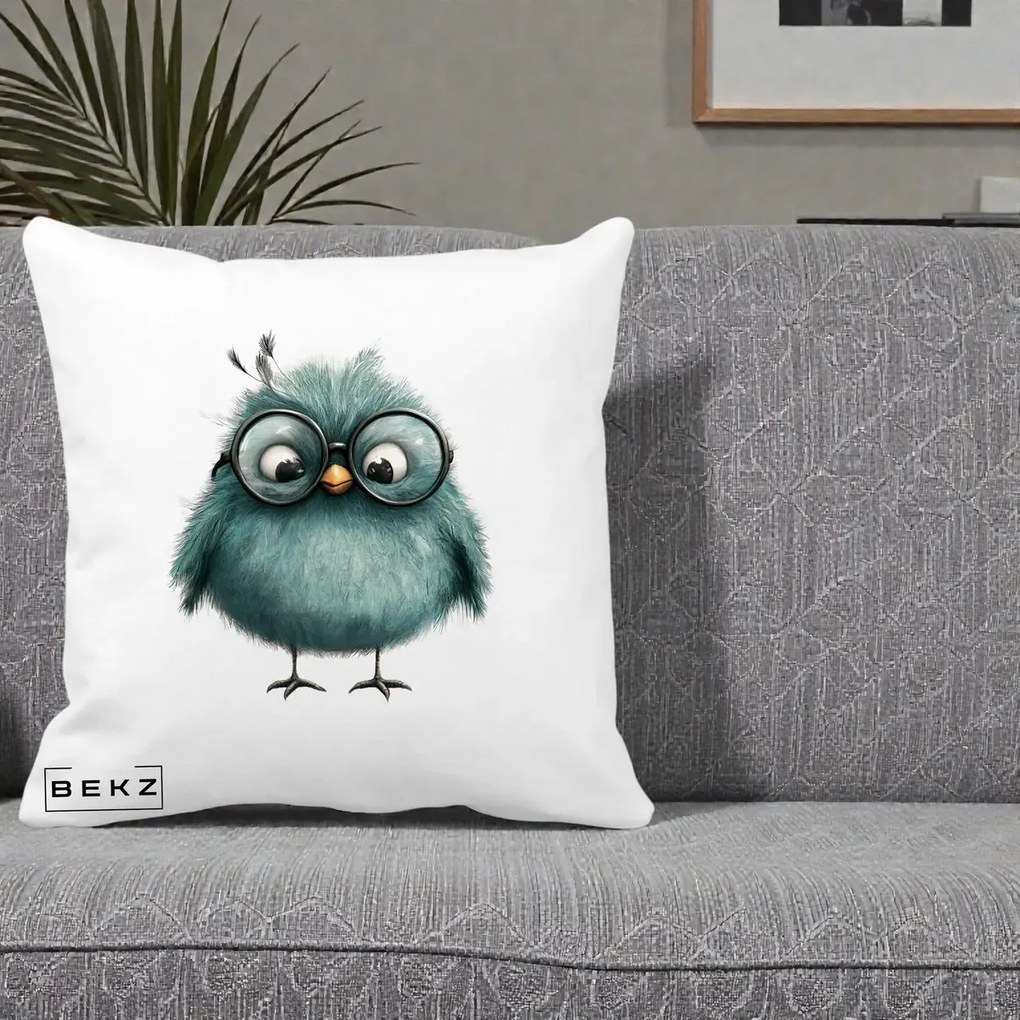 Perna Decorativa Pui Teal cu Ochelari Rotunzi, 40x40 cm, Alba Mata, Husa Detasabila, Perna Inclusa, BEKZ®