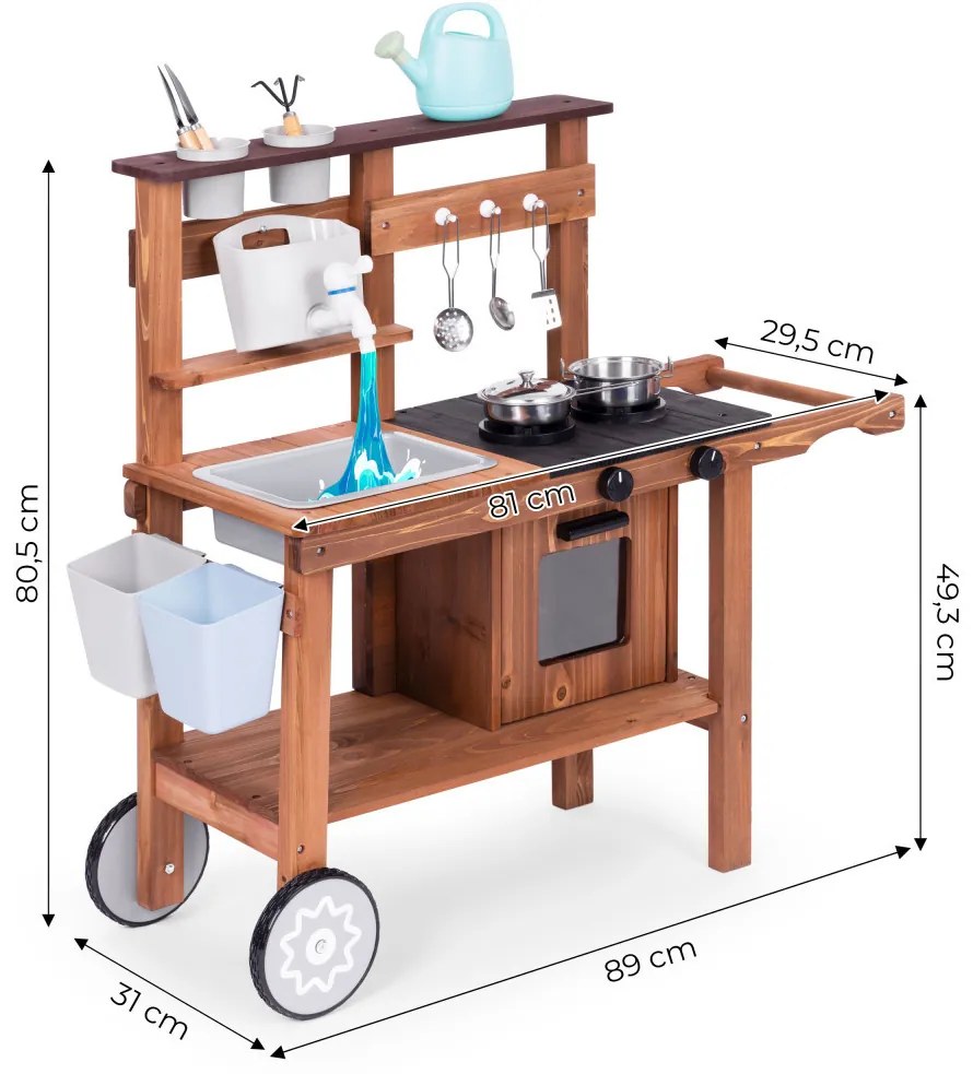 Bucătărie pentru copii în aer liber din lemn cu accesorii