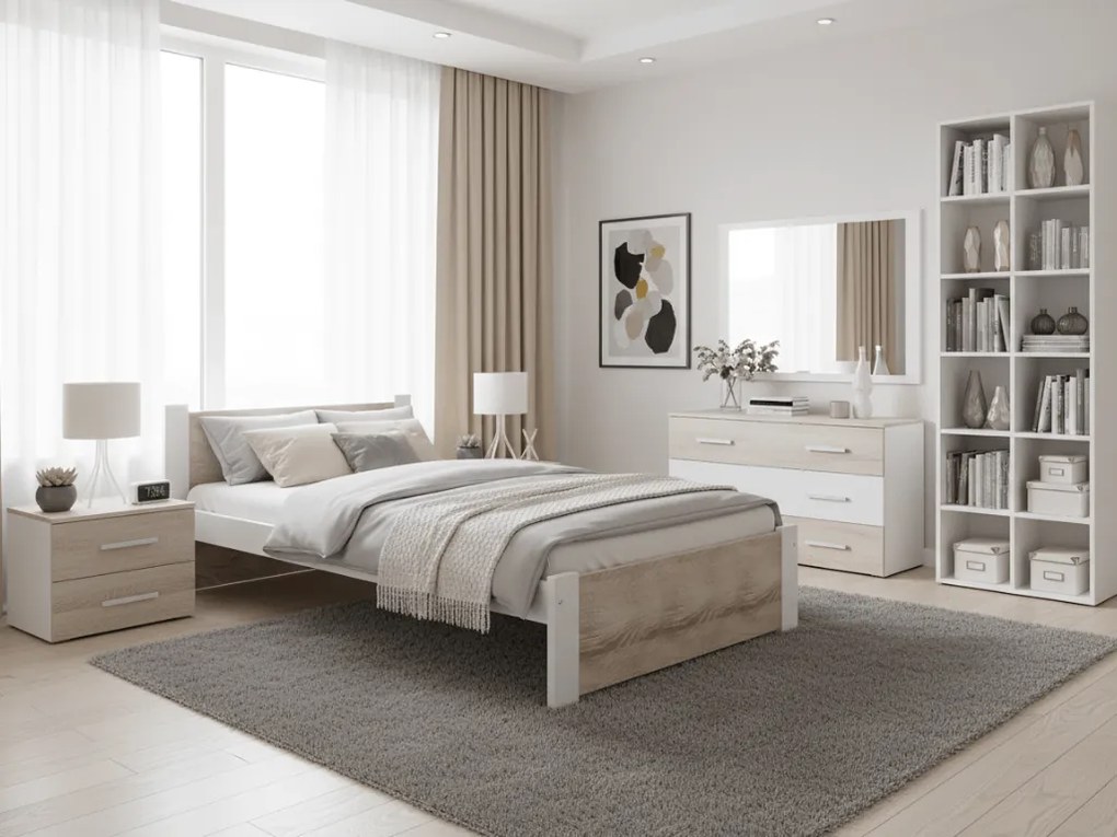 Pat de o persoana Ikaros, alb/stejar sonoma 90x200 cm Saltele: Cu saltele Coco Maxi 20 cm, Somiera pat: Cu lamele drepte