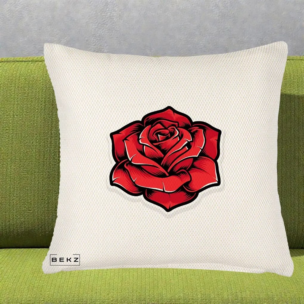 Perna Decorativa Trandafir Rosu Tattoo, 40x40 cm, Crem Reliefat, Husa Detasabila, Perna Inclusa, BEKZ®