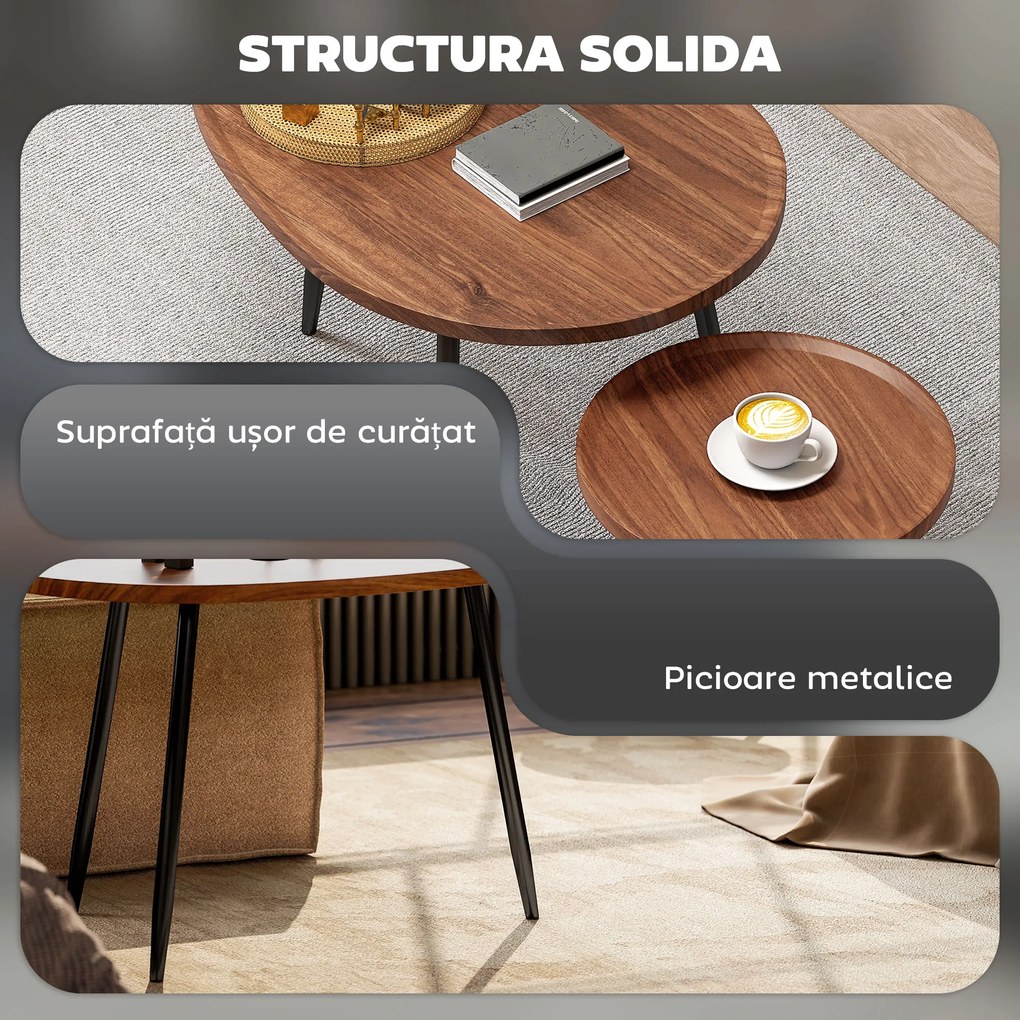 HOMCOM Set de 2 Măsuțe de Cafea Suprapunabile din Lemn și Metal | Aosom Romania