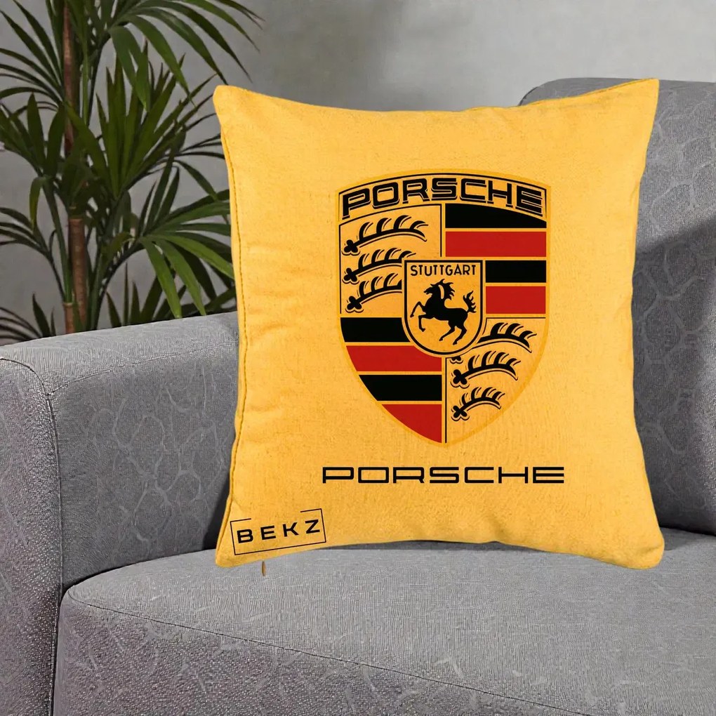 Perna Personalizata Porsche Stuttgart, 40x40 cm, Galben, Husa Detasabila, Perna Inclusa, BEKZ®