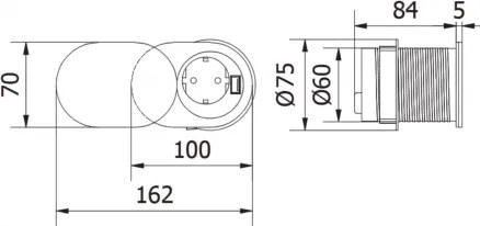 Priză încorporabilă în blat Slide GTV, 1 priză Schuko, USB A + C, oțel inoxidabil, D:60 mm Metal/Plastic, Otel inoxidabil