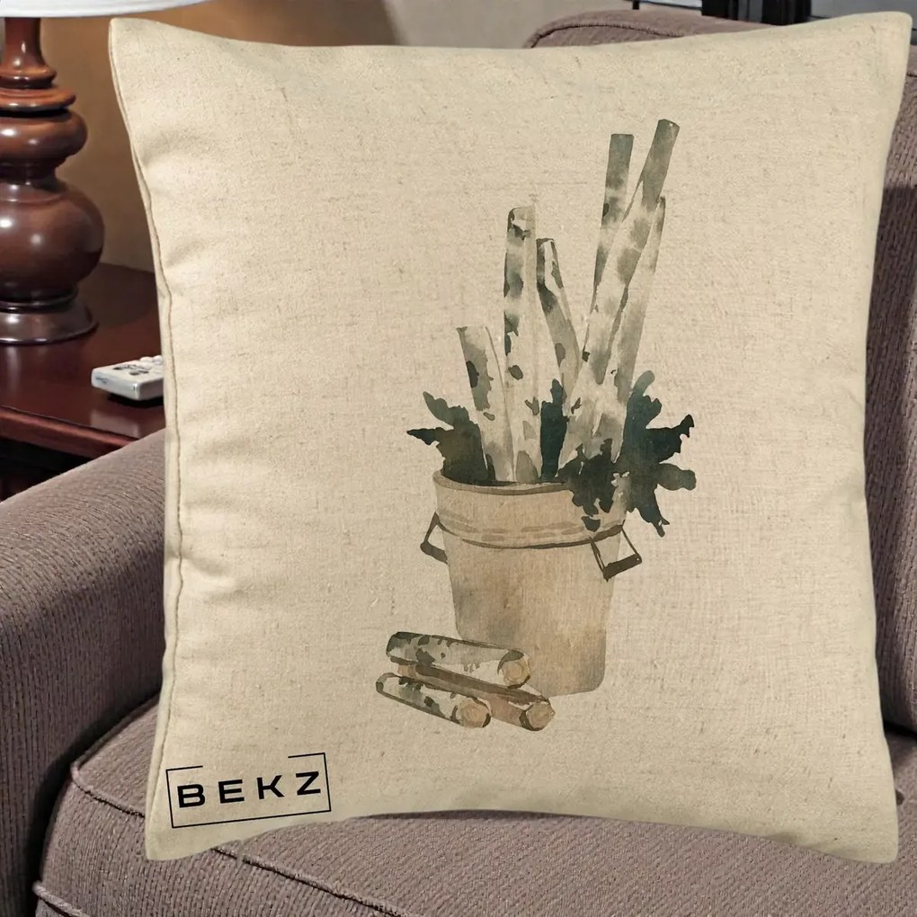 Perna Decorativa Butuci de Mesteacan Watercolor, 40x40 cm, Bej, Husa Detasabila, Perna Inclusa, BEKZ®