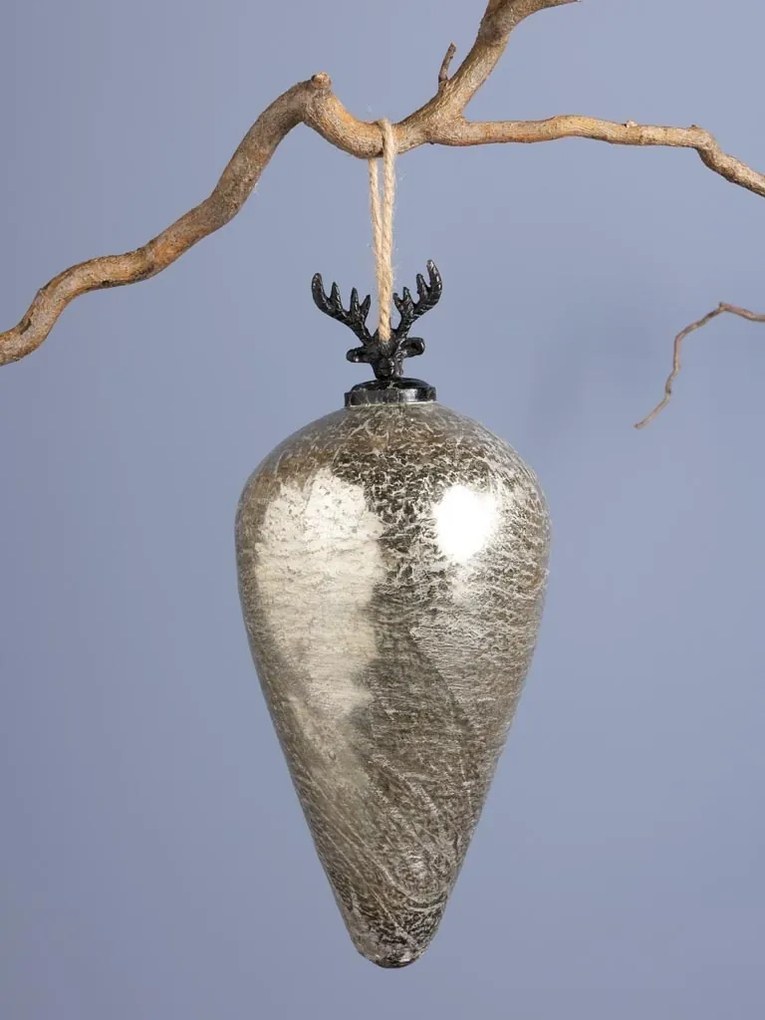 Glob decorativ din sticlă și metal, argintiu, formă de picătură, cap de cerb cu coarne ramificate în vârf, finisaj patinat, 30 x 13 cm, „Cerf”