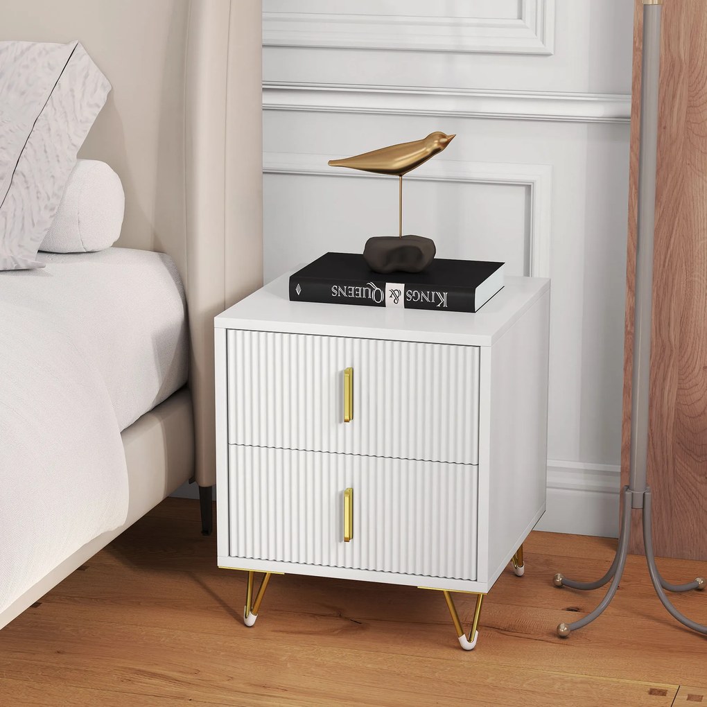 HOMCOM Noptieră cu 2 Sertare cu Mânere și Picioare Metalice Alb și Aur | Aosom Romania