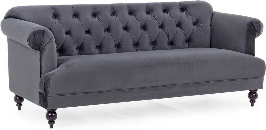Canapea 3 locuri cu tapiterie velur gri si picioare lemn negru Blossom 193 cm x 82 cm x 78 h x 44 h1 x 69 h2