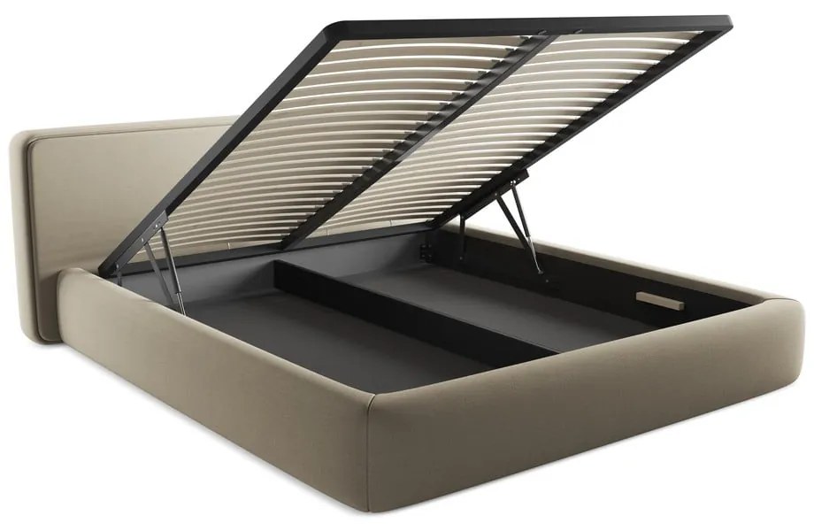 Pat matrimonial bej tapițat cu spațiu de depozitare cu somieră 180x200 cm Kiana – Makamii