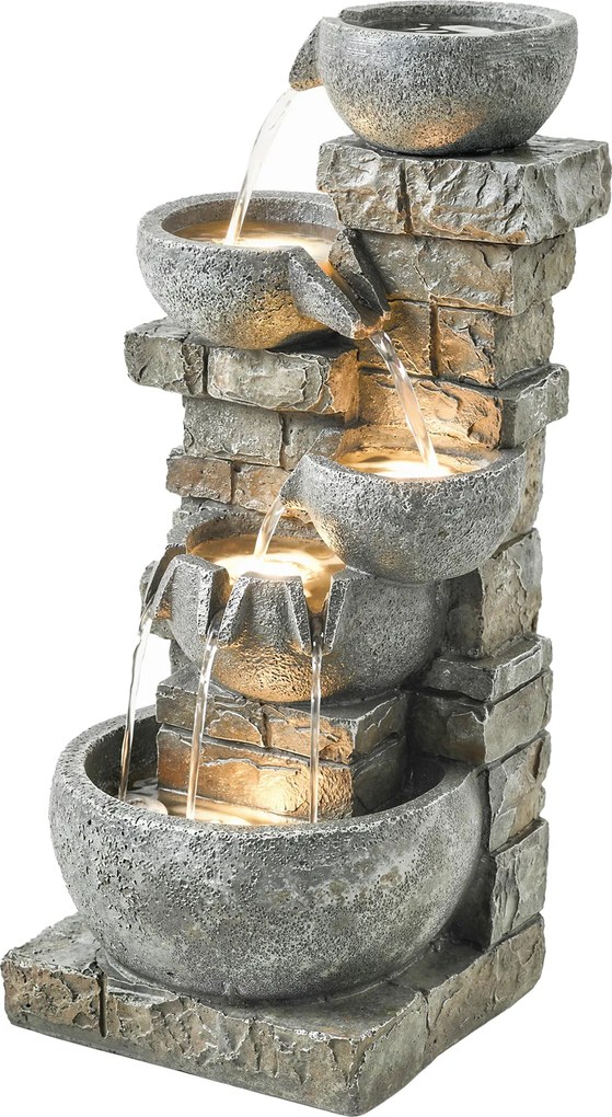 Outsunny Fântână de exterior din rășină, 5 niveluri, fântână de grădină cu iluminare LED, pompă, aspect piatră 34 x 36 x 80 cm | Aosom Romania