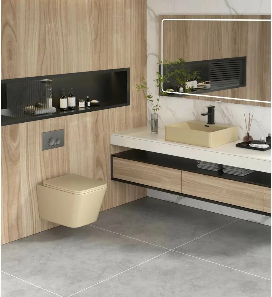 Set vas WC suspendat Inter Ceramic Rimless bej mat cu capac softclose