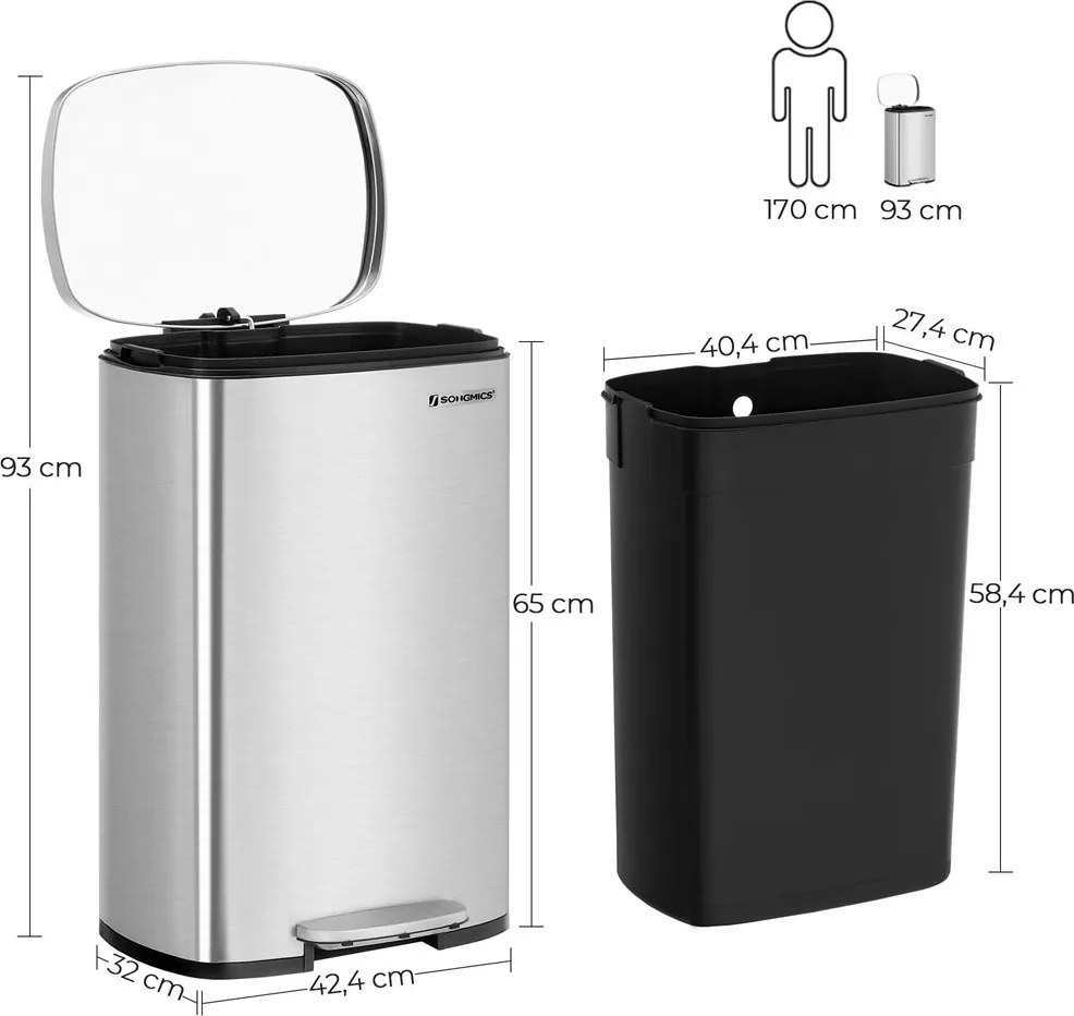 Coș de gunoi TIDY cu închidere lentă, 50 l, argintiu SongmicsHome