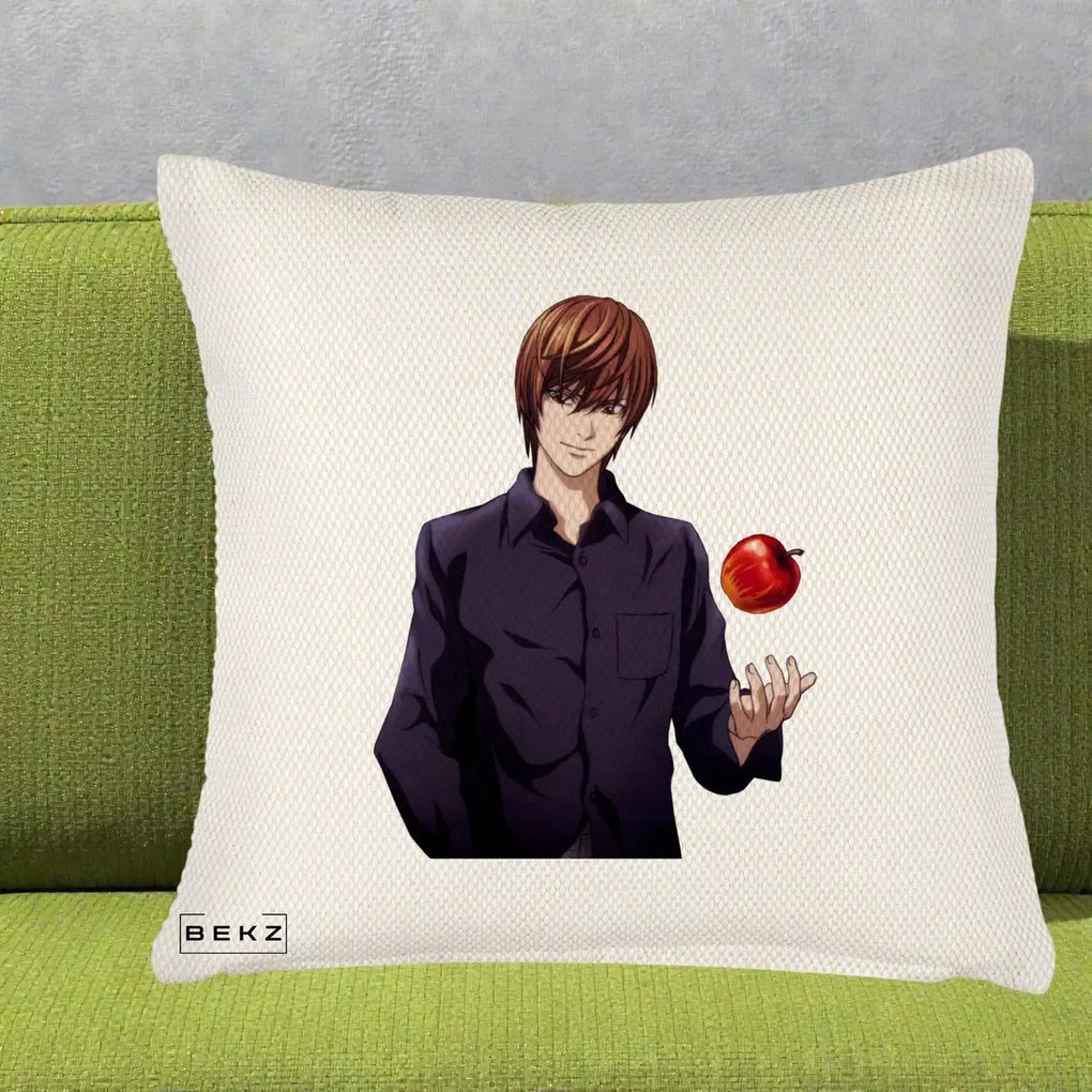 Perna Personalizata Death Note Light Yagami cu Mar, 40x40 cm, Crem Reliefat, Husa Detasabila, Perna Inclusa, BEKZ®