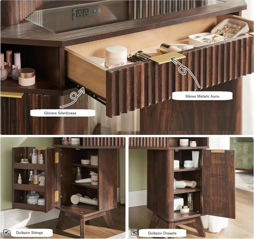 Masuta machiaj cu Oglinda LED si 3 Sertare pentru Cosmetice, Set Masa toaleta 122 cm, Maro, masuta cosmetica, vanity - SEM22