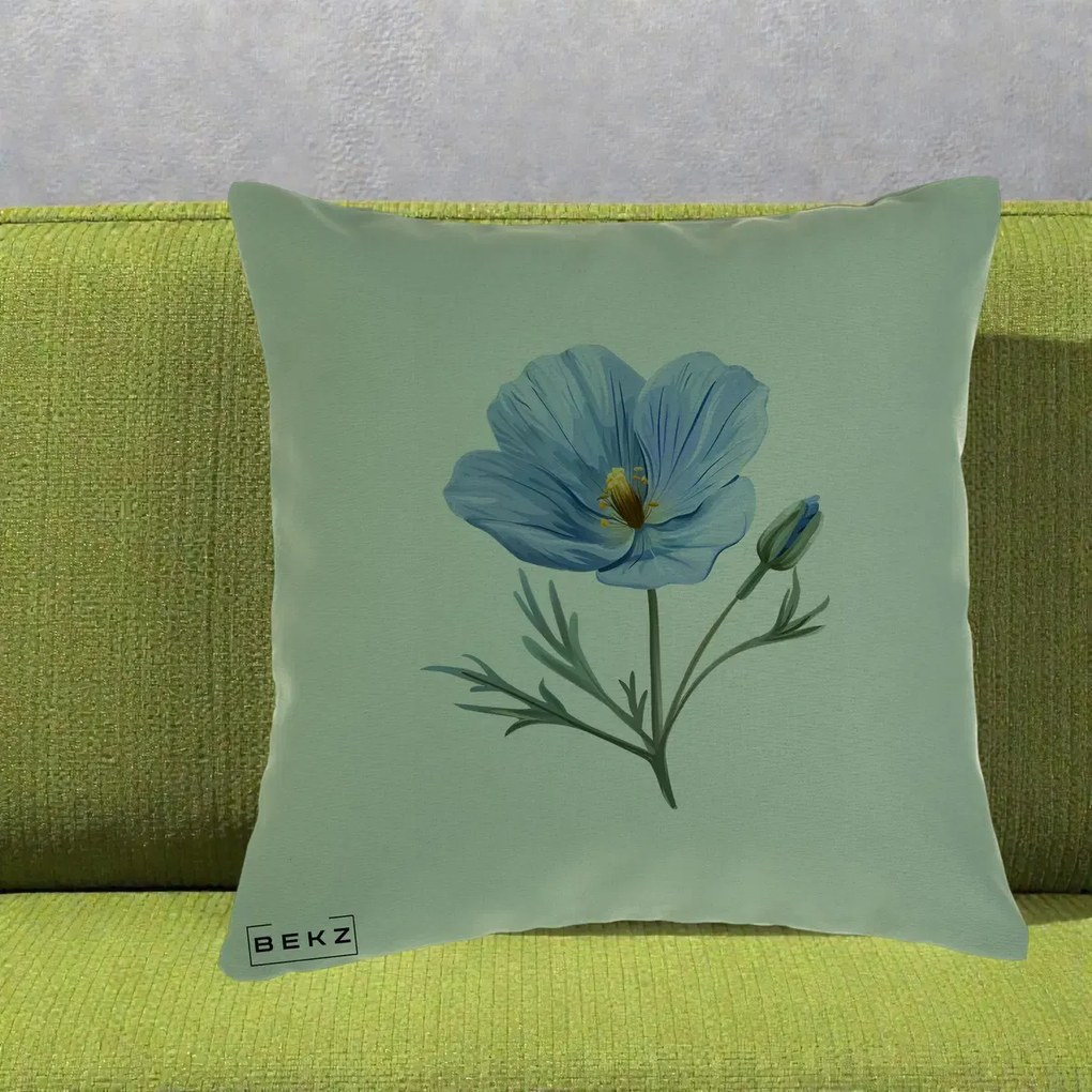 Perna Decorativa Mac Albastru Acuarela, 40x40 cm, Verde, Husa Detasabila, Perna Inclusa, BEKZ®