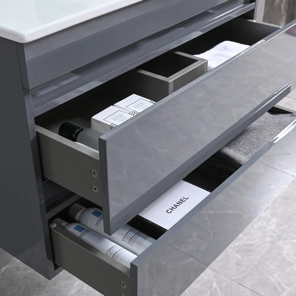 Mobilier de baie Cube, chiuvetă ceramică 80 cm, oglindă cu 2 sertare, 60x80 cm, gri antracit