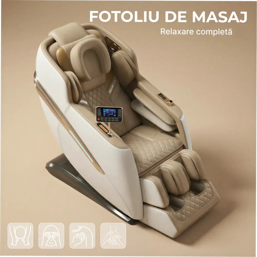 Fotoliu de masaj QUITUS, cu Incalzire, Bluetooth, Display, Ecran tactil, Zero Gravity, 2 Boxe, Moduri Automate, Suport Picioare extensibil, Piele Ecologica Premium, Bej
