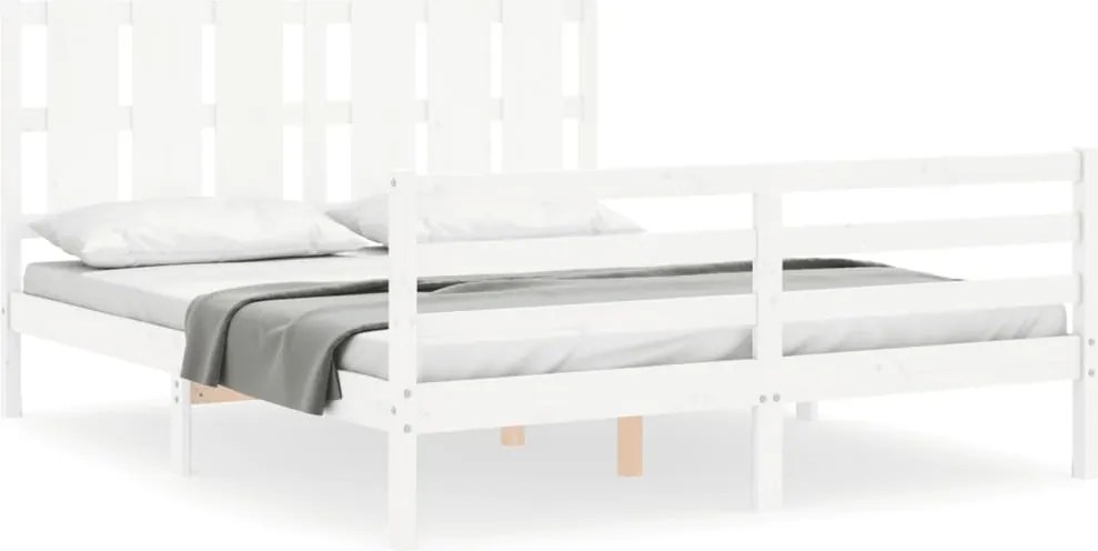 vidaXL Cadru de pat cu tăblie, alb, king size, lemn masiv
