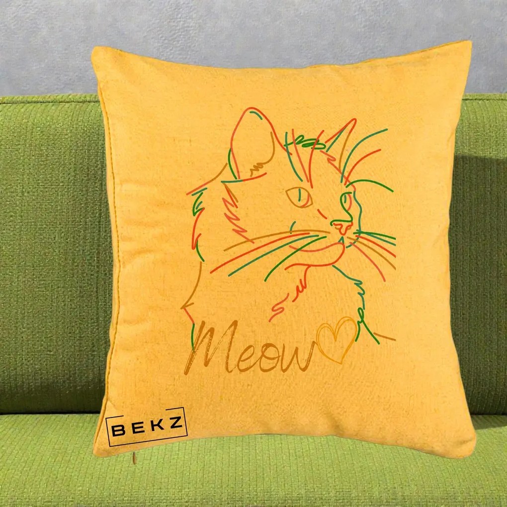 Perna Personalizata Pisica Meow Arta Linie Colorata, 40x40 cm, Galben, Husa Detasabila, Perna Inclusa, BEKZ®