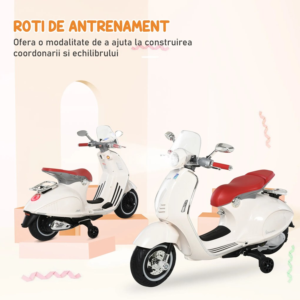 HOMCOM Motocicleta Jucarie cu Licenta Oficiala Vespa, pentru Copii 3+ Ani, cu 2 Roti Suplimentare, Lumini si Sunete, 108x49x75cm Roz | Aosom Romania