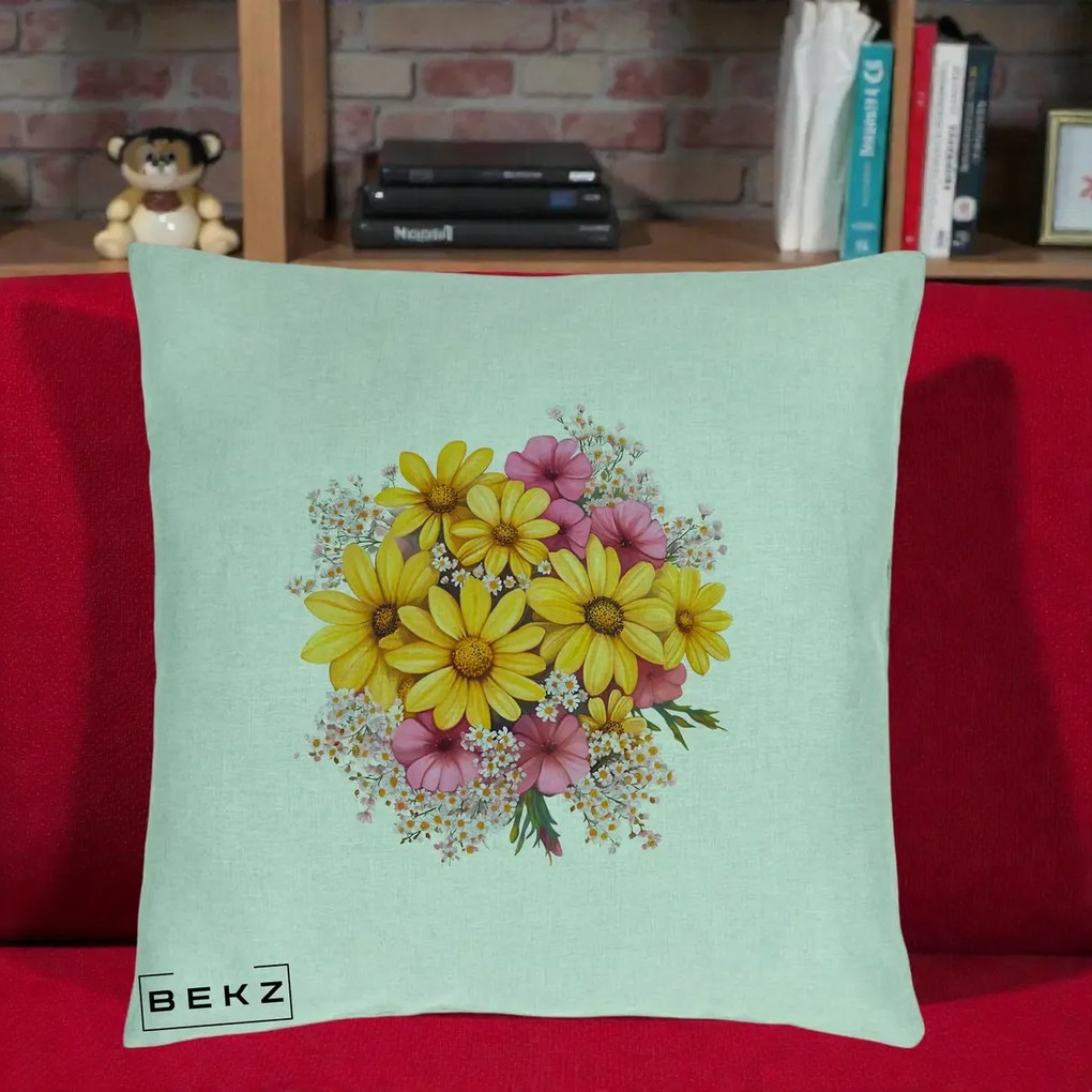 Perna Decorativa Floarea-Soarelui cu Cosmos Roz si Gypsophila, 40x40 cm, Verde Menta, Husa Detasabila, Perna Inclusa, BEKZ®