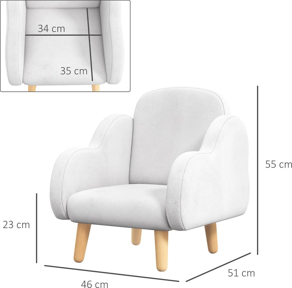 ZONEKIZ Fotoliu pentru copii cu brațe în formă de nor, cu picioare înclinate și material textil, 46 x 51 x 55 cm, alb | Aosom Romania