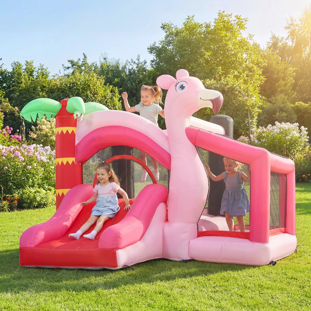 AIYAPLAY Castel Gonflabil pentru Copii 4 în 1, Tobogan, Trambulină, Piscină cu Bile, Coș de Baschet, Mingi de Baschet, Tematică Flamingo, Ventilator, Geantă de Transport, Interior Exterior, 255x230x196cm, Roz | Aosom Romania