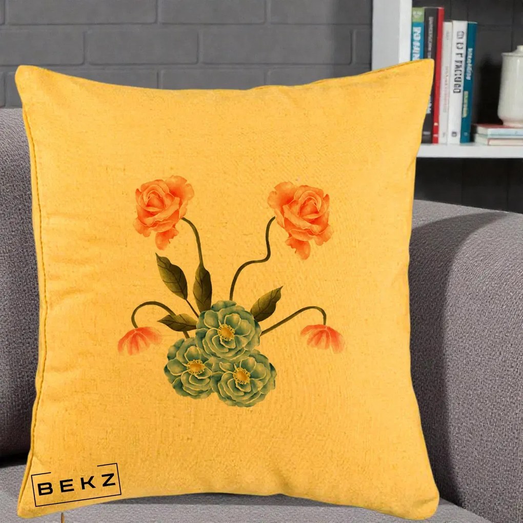 Perna Decorativa Trandafiri si Bujori Acuarela, 40x40 cm, Galben, Husa Detasabila, Perna Inclusa, BEKZ®