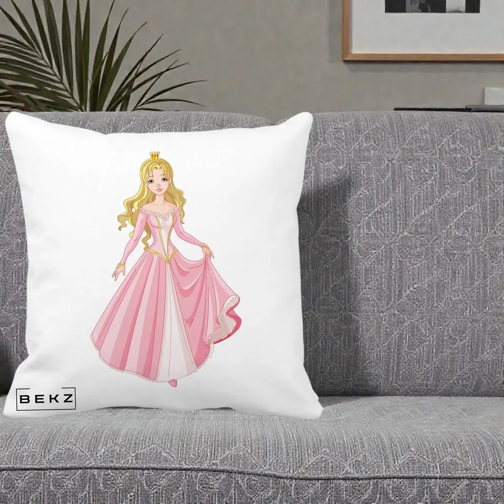 Perna Decorativa Printesa Aurora Rochie Roz, 40x40 cm, Alba Mata, Husa Detasabila, Perna Inclusa, BEKZ®